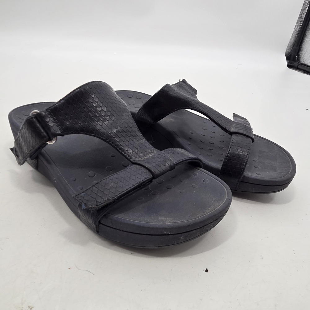 Vionic Ellie Sandals Platform Black Faux Leather Adjustable Slip On Women's 7